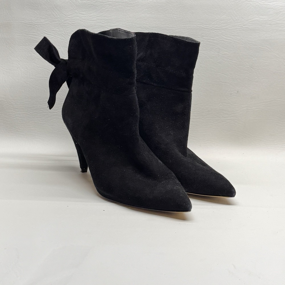 Lord & Taylor Effie Ankle Boots Wmn 9.5 Black Suede Bow Pointed Toe Chic Elegant